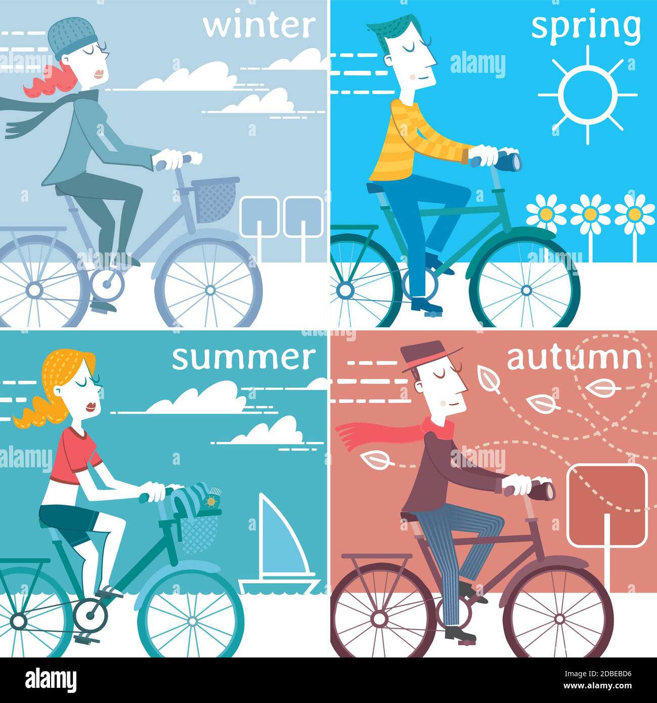 Printemps, été, automne, hiver : une bannière pour chacune des saisons, mais toujours à vélo. Illustration de Vecteur