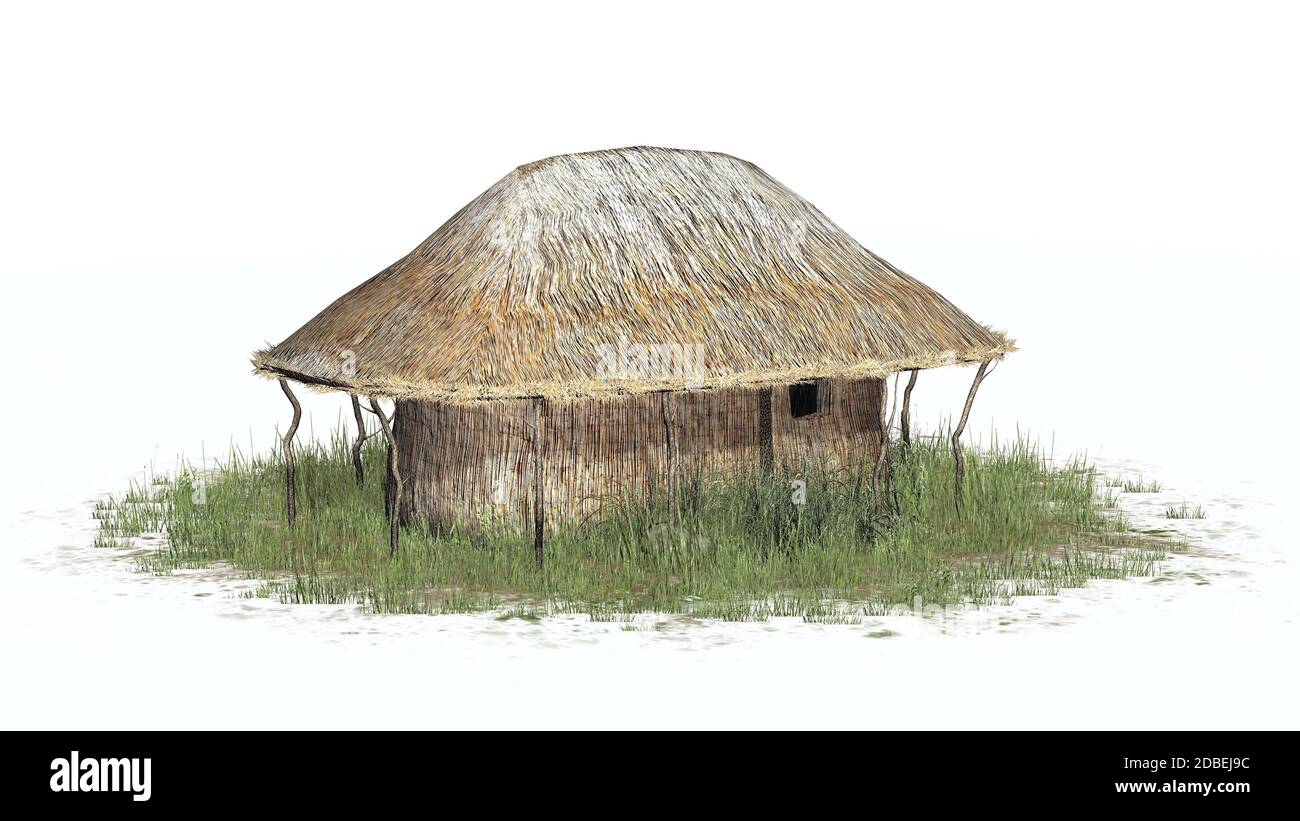 Cabane en chaume sur fond blanc Banque D'Images