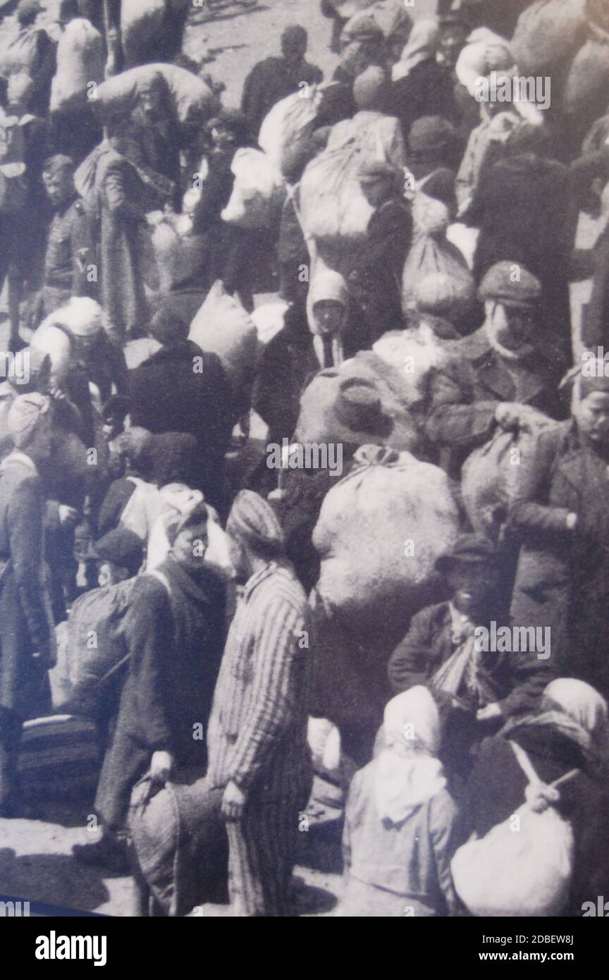 Photographie en noir et blanc des prisonniers au camp de concentration d'Auschwitz Banque D'Images