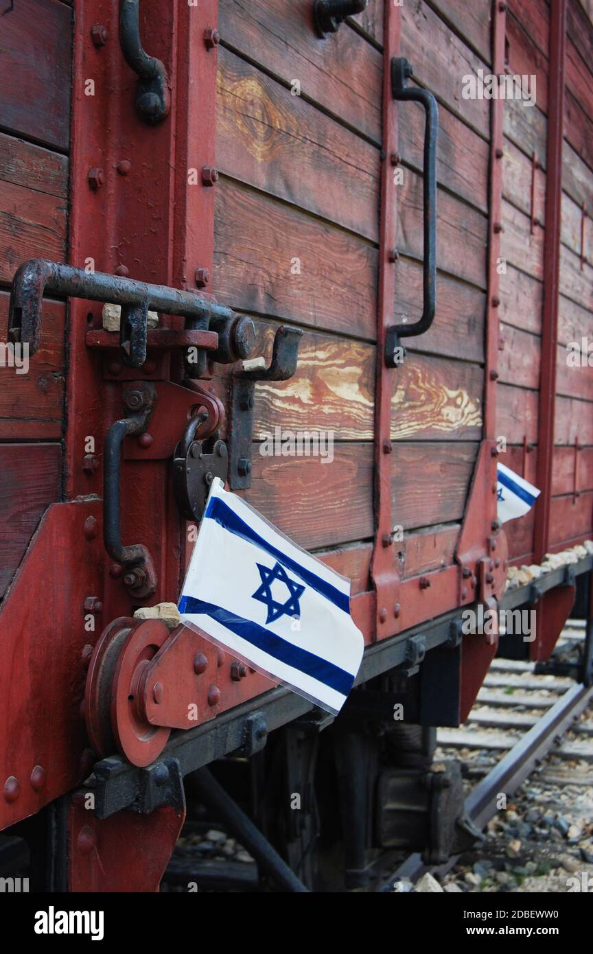 Train en bois utilisé pour transporter des prisonniers au camp de concentration d'auschwitz, Pologne Banque D'Images