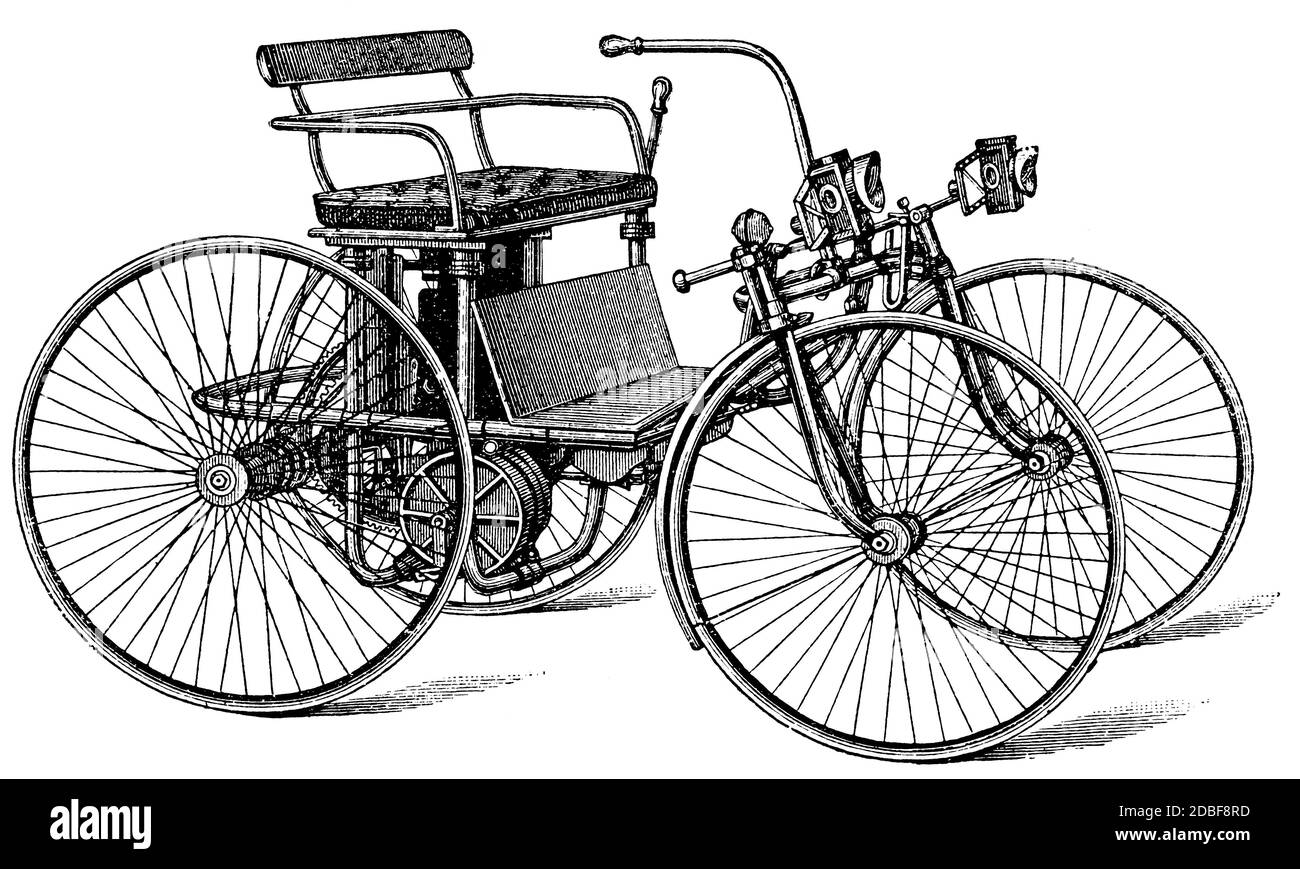 Le Stahlradwagen (voiture à roues en acier) du système Daimler, avec un moteur à essence. Allemagne. Illustration du XIXe siècle. Fond blanc. Banque D'Images