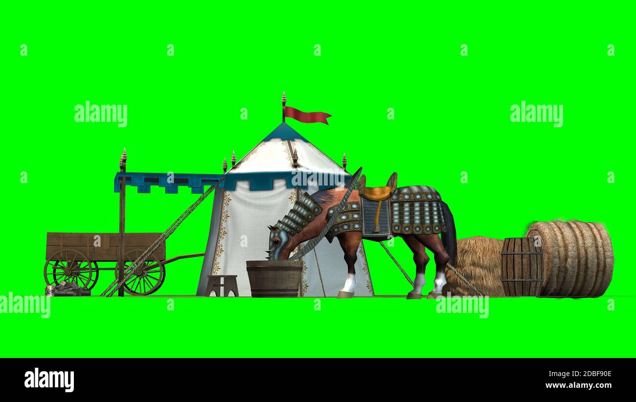 scène médiévale avec cheval sur fond vert Banque D'Images