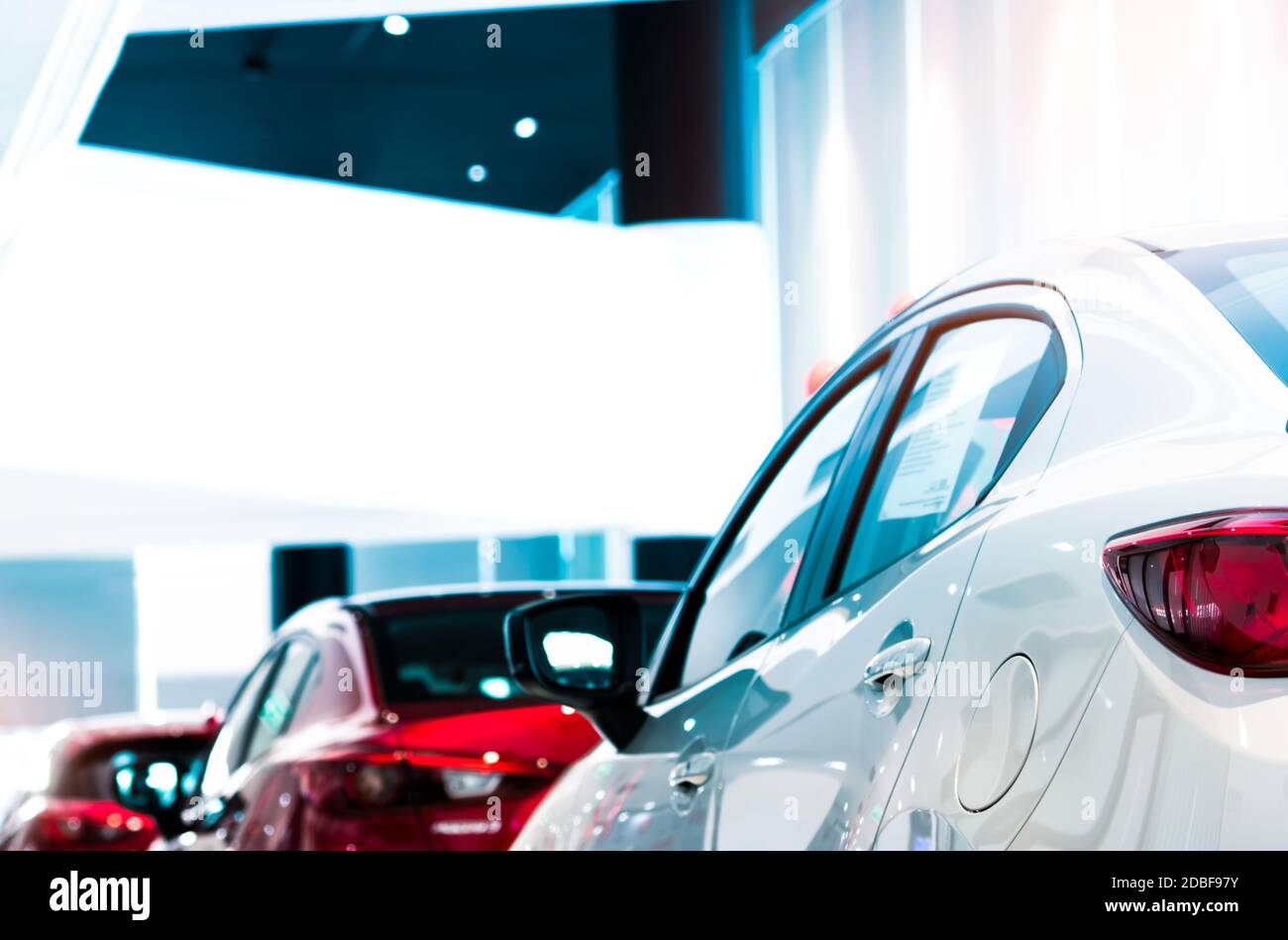 Vue arrière d'une voiture de luxe blanche garée dans une salle d'exposition moderne pour la vente. Voiture blanche brillante sur voiture rouge floue dans la salle d'exposition. Concessionnaire automobile. Impact du coronavirus o Banque D'Images