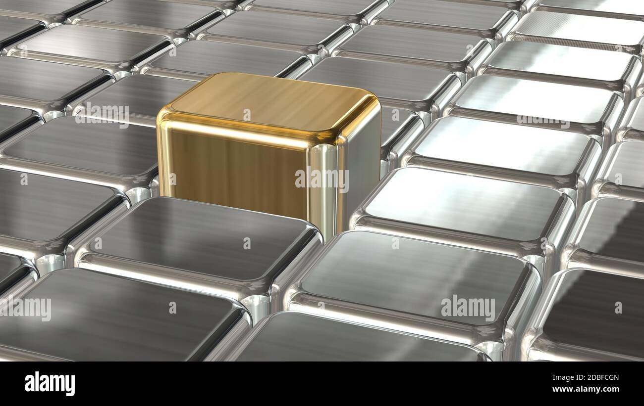 arrière-plan des cubes en métal argenté avec un cube doré sur pied Banque D'Images
