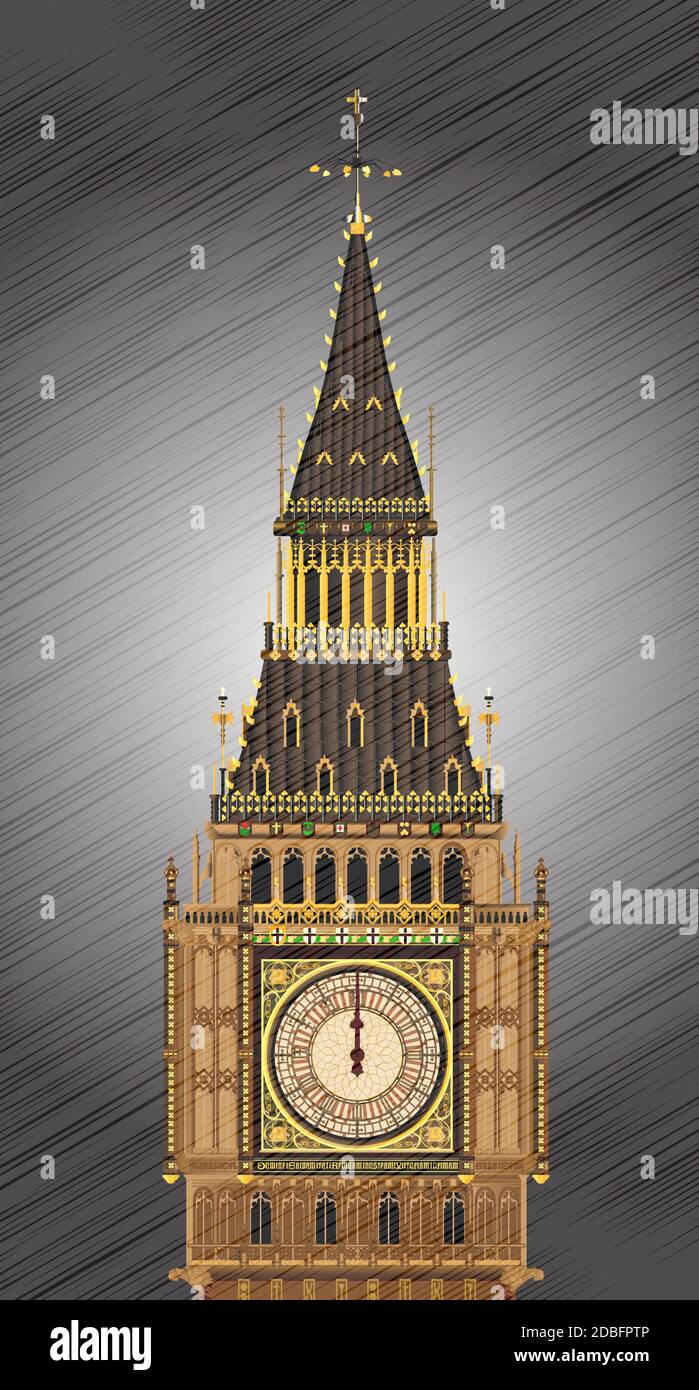 Une illustration détaillée de l'horloge de Big Ben qui surfe à minuit avec le temps. Banque D'Images