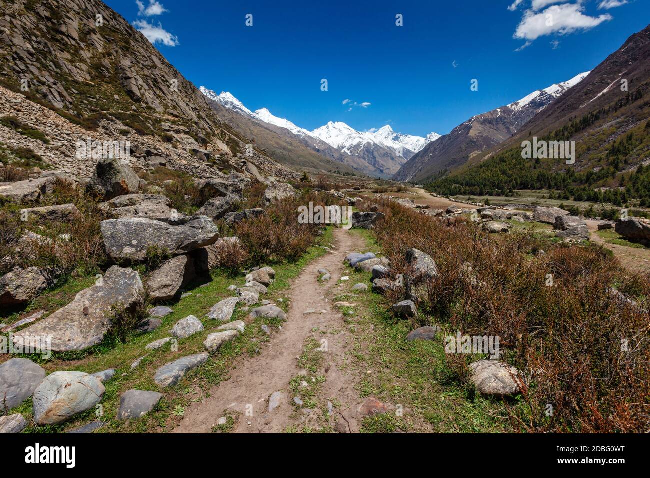 Ancienne route commerciale dans l'Himalaya entourée de pierres au Tibet depuis le village de Chitkul de la vallée de Sangla. Himachal Pradesh, Inde Banque D'Images
