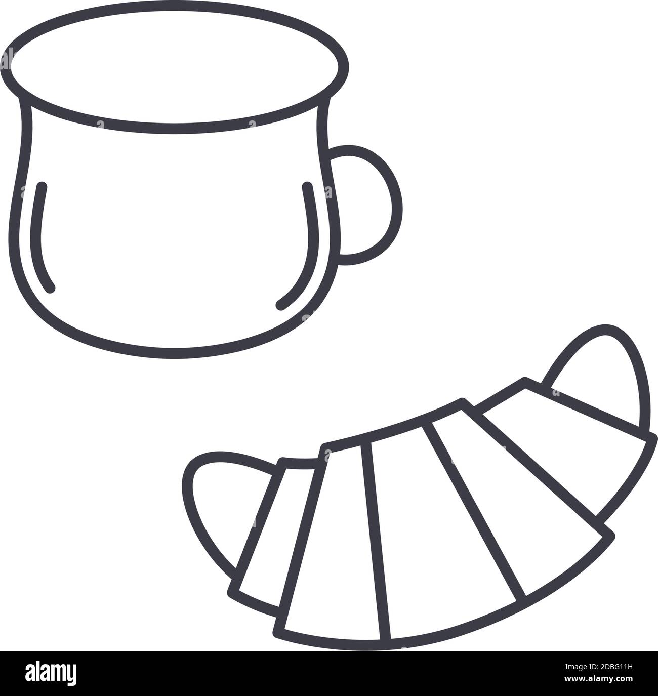 Icône café et croissant, illustration isolée linéaire, vecteur ligne mince, signe de conception de Web, symbole de concept de contour avec trait modifiable sur blanc Illustration de Vecteur