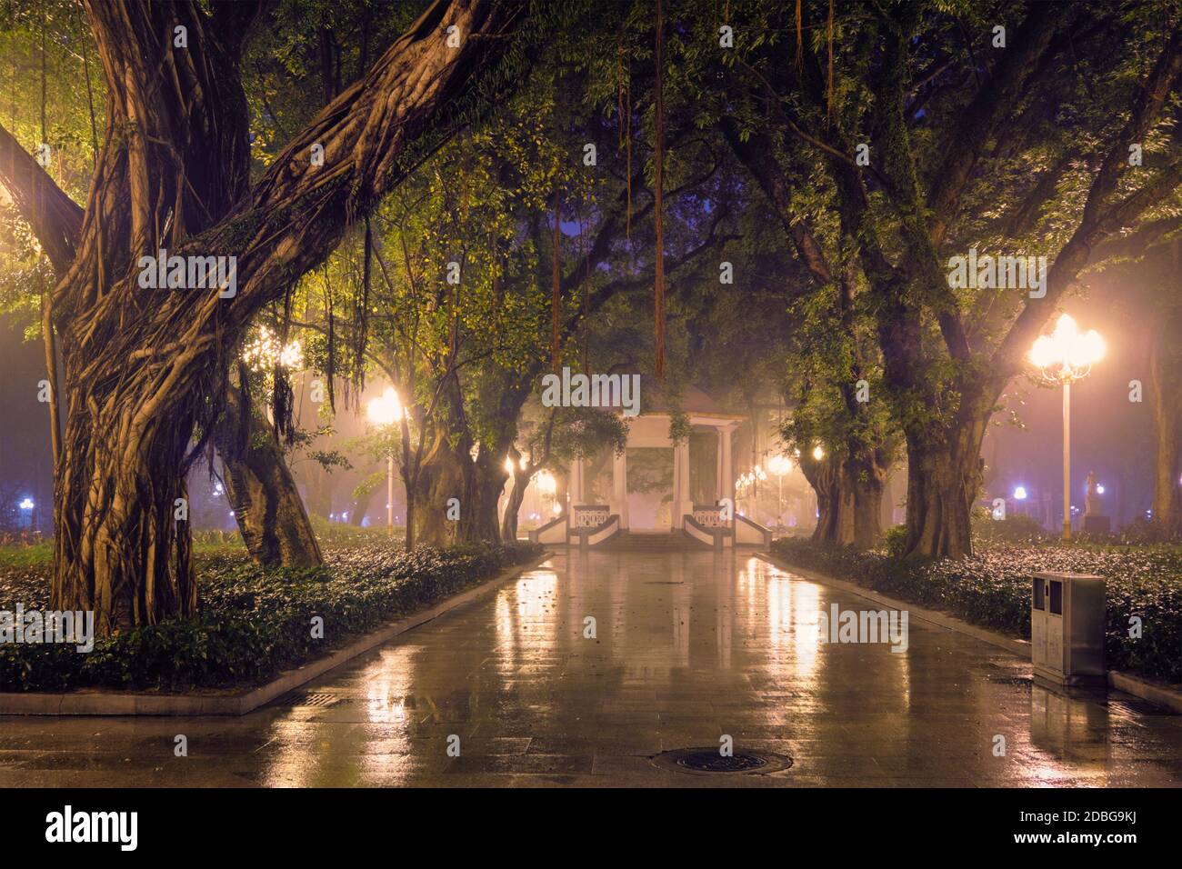 Parc du peuple de Guangzhou avec brouillard de brume la nuit. Guangzhou, Chine Banque D'Images