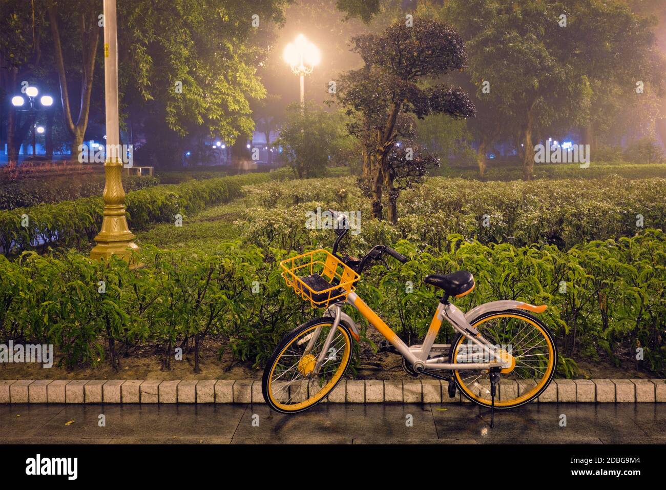 Vélo dans le parc du peuple de Guangzhou avec brouillard la nuit. Guangzhou, Chine Banque D'Images