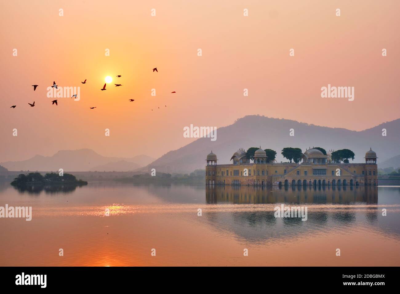 Matin tranquille au célèbre site touristique indien Jal Mahal (Palais de l'eau) au lever du soleil à Jaipur. Canards et oiseaux autour de profiter de la matinée sereine. Jai Banque D'Images
