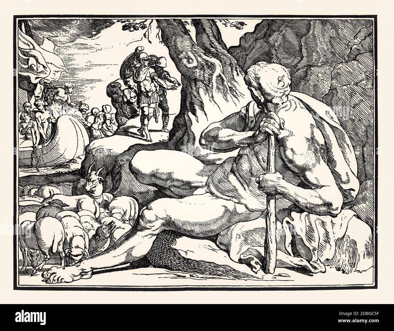 Coupe de bois anonyme d'après Francesco Primaticcio, XVIIe siècle, Odysseus et les Cyclops Banque D'Images