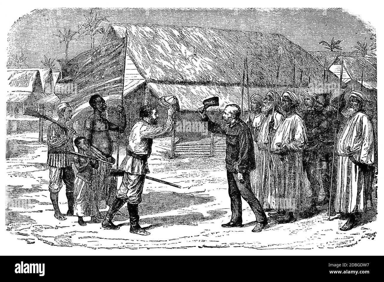 Henry Stanley a trouvé le Dr David Livingstone le 10 novembre 1871 à Ujiji, près du lac Tanganyika. Illustration du XIXe siècle. Fond blanc. Banque D'Images