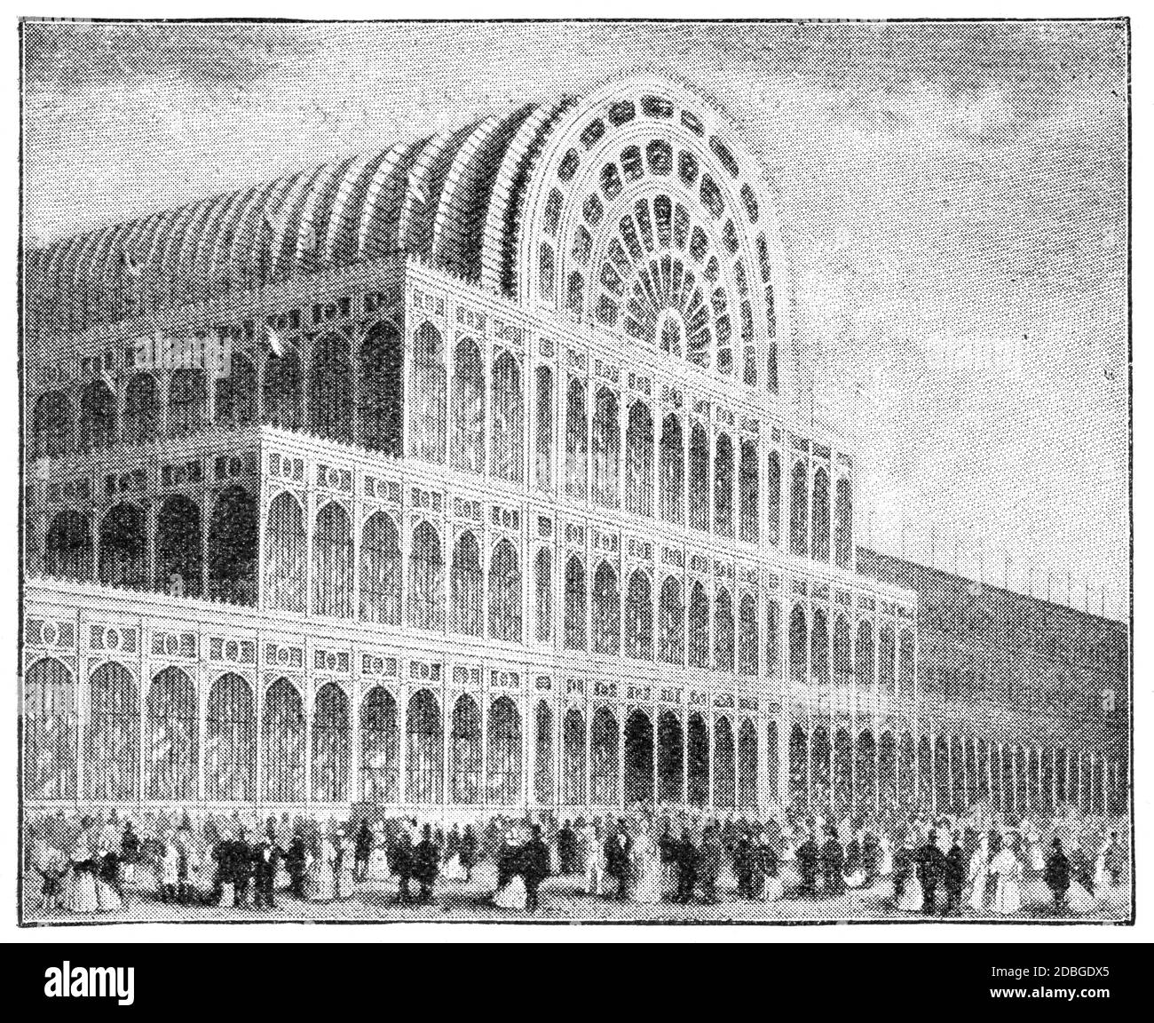 Le Crystal Palace (devant) à Hyde Park pour la grande exposition internationale de 1851, Londres. Illustration du XIXe siècle. Fond blanc. Banque D'Images