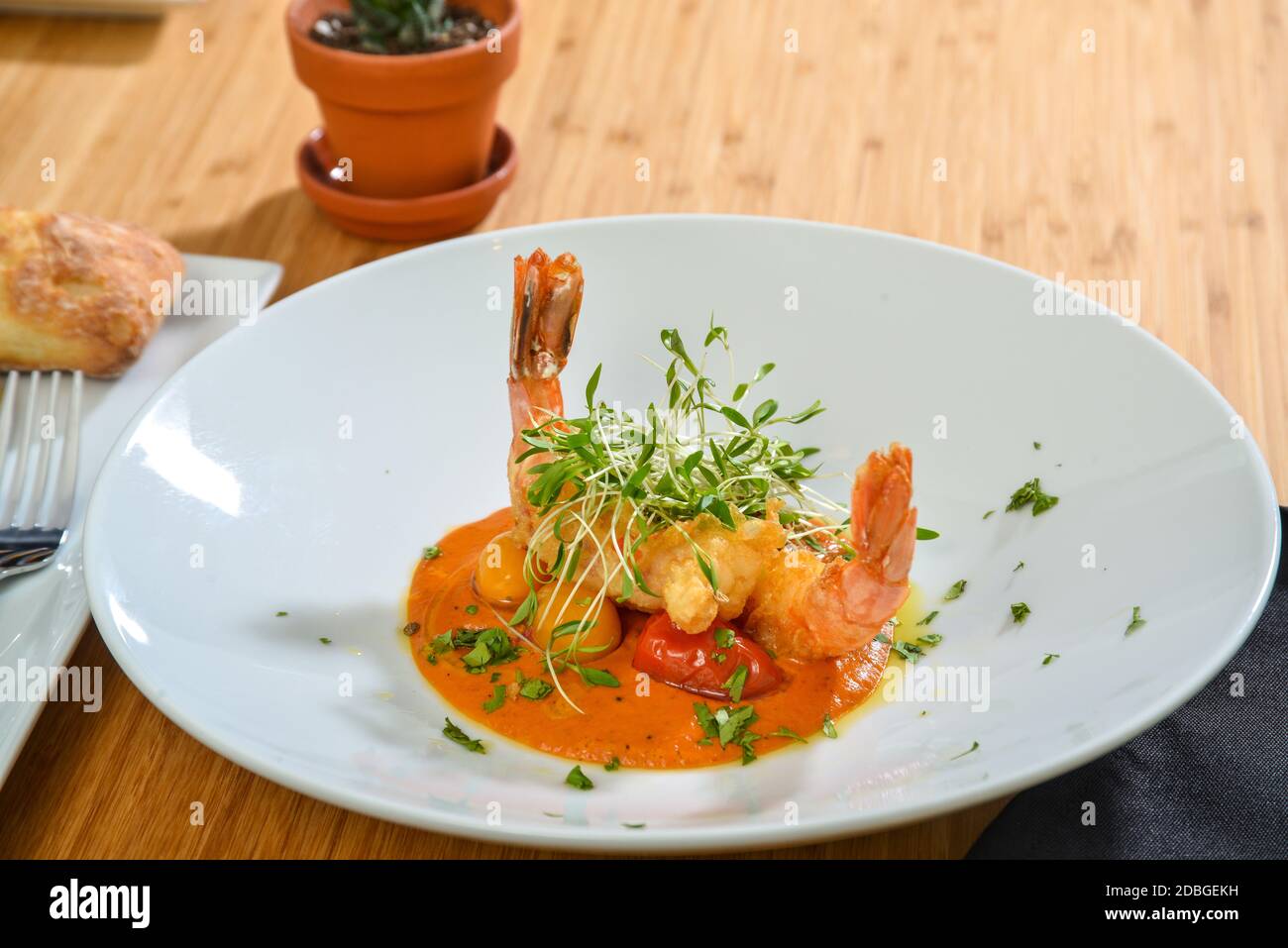 Assiette blanche de deux crevettes avec sauce tomate et garniture de luzerne Banque D'Images