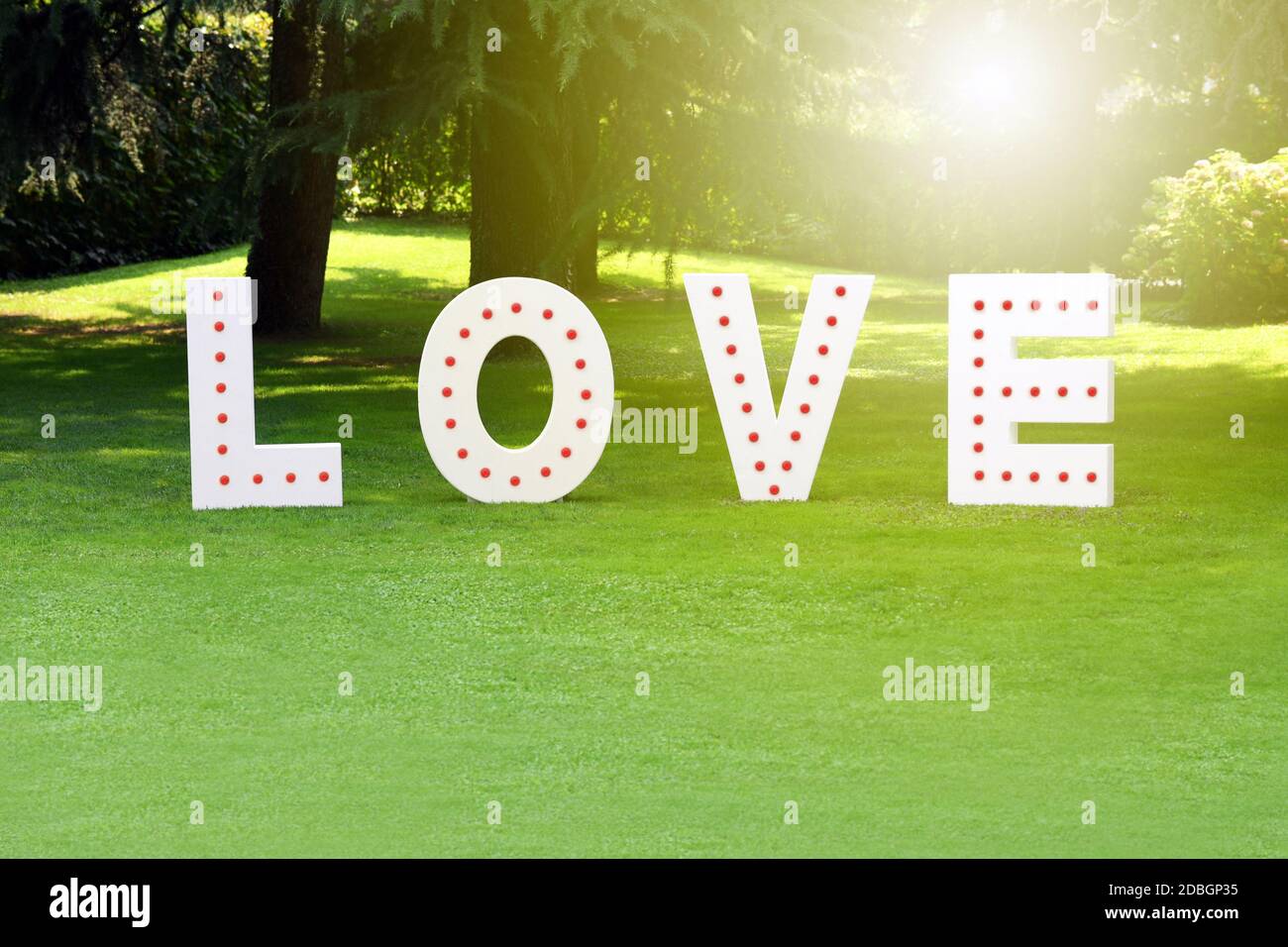 Lettrage décoratif - AMOUR - dans un lieu de mariage exposé sur la pelouse verte soignée sous un arbre ombragé rétroéclairé par la lueur chaude du soleil Banque D'Images