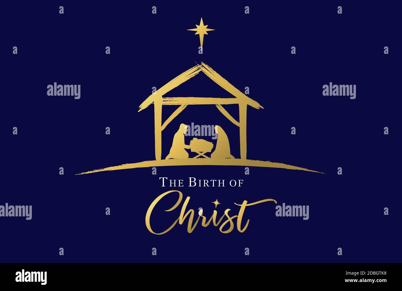La naissance du Christ, Jésus en mangeur et étoile. Sainte famille, bébé Jésus et star de Bethléem, Noël Golden Graphics design. Nativité vectorielle Illustration de Vecteur
