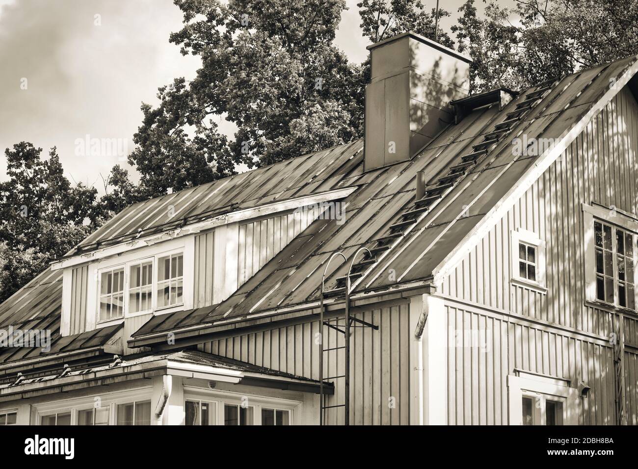 Ancienne construction en bois avec échelle menant au toit, conversion monochrome. Banque D'Images
