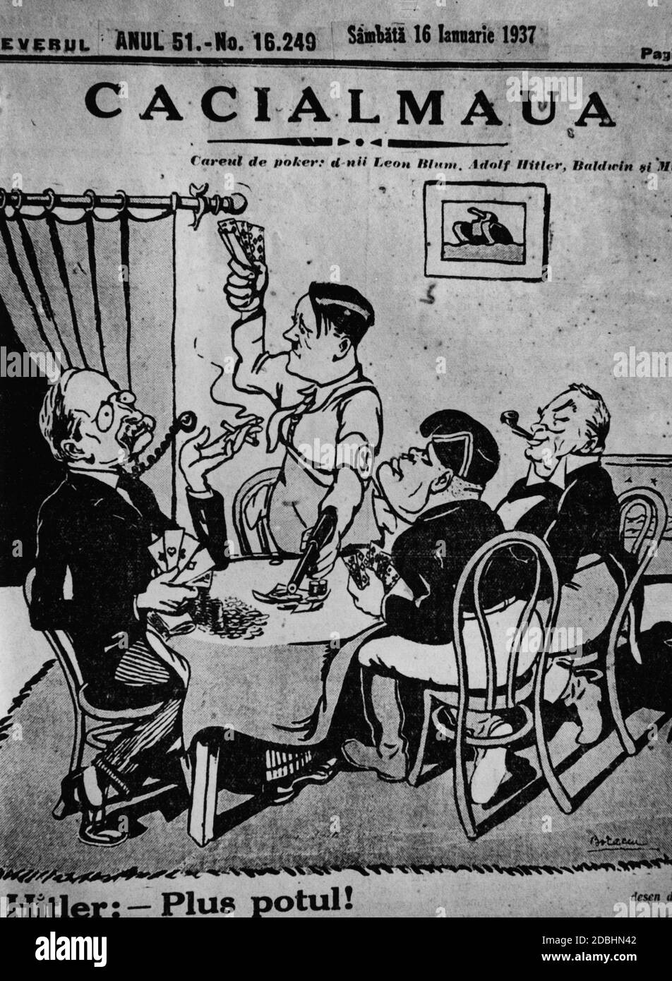 Caricature en Roumanie. Leon Blum, Adolf Hitler, Benito Mussolini et Baldwin jouent au poker. Banque D'Images