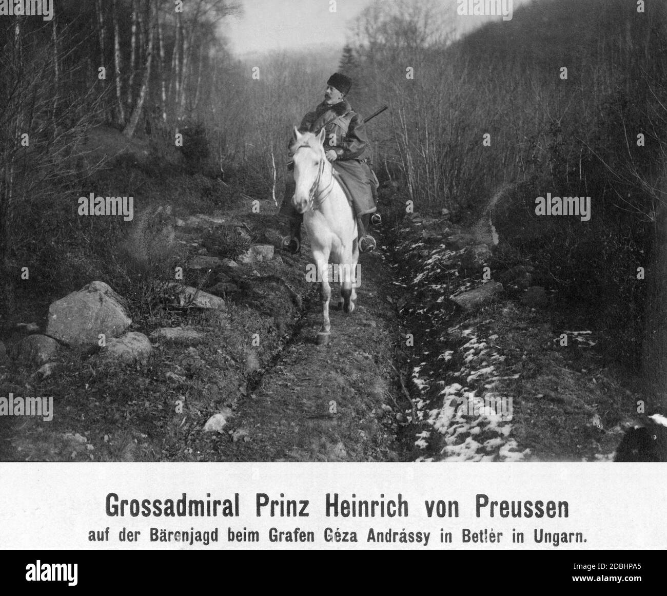 Le prince Henry de Prusse est assis sur un cheval blanc lors d'une chasse à l'ours dans une région Autriche-Hongrie, qui appartient maintenant à la Slovaquie. Derrière lui il y a une autre personne assise sur le cheval. Henry était un invité du comte Geza Andrassy de Hongrie au château de Betliar en 1909. Banque D'Images