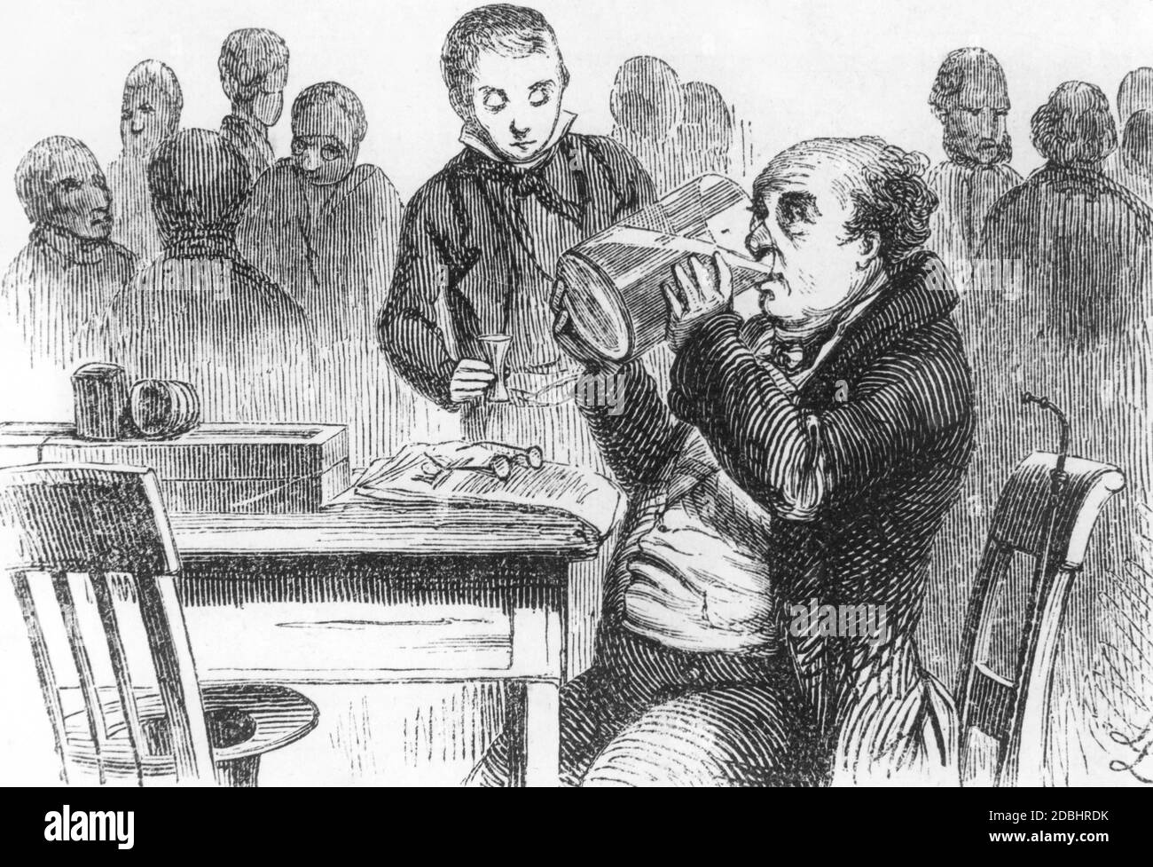 Ce dessin de la première moitié du XIXe siècle montre un homme plus âgé dans un pub berlinois buvant dans une grande carafe. Banque D'Images
