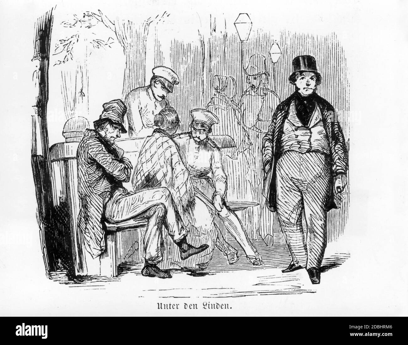 Ce dessin non daté du XIXe siècle montre un banc et des piétons dans le boulevard Unter den Linden à Berlin. Banque D'Images