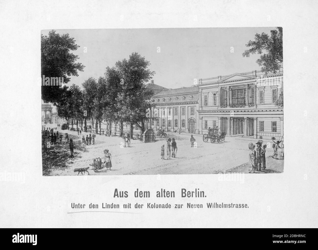 Le dessin de la première moitié du XIXe siècle montre le bâtiment avec la maison numéro 76 dans la rue Unter den Linden à Berlin, qui avait un passage à la Neue Wilhelmstrasse (aujourd'hui Wilhelmstrasse). Sur la gauche se trouve la porte de Brandebourg. Banque D'Images