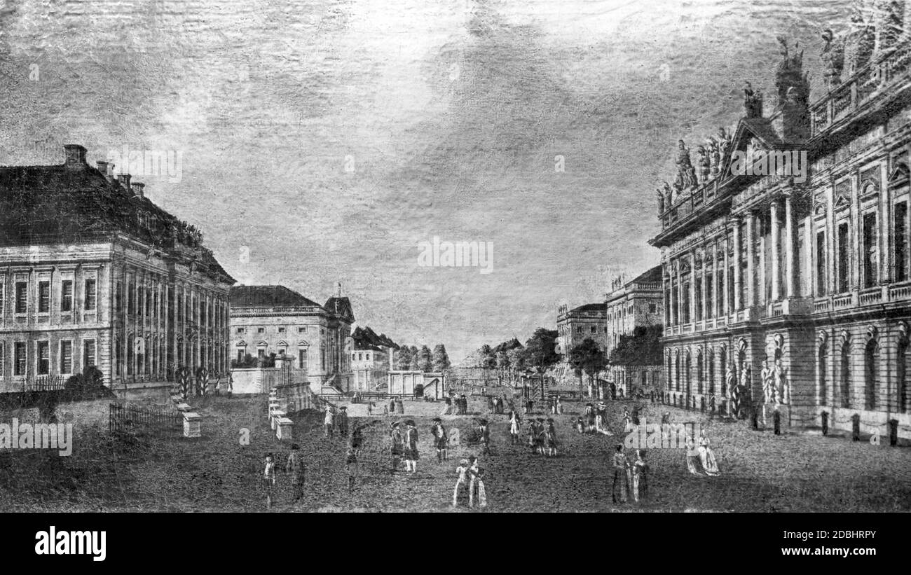 La peinture de la première moitié du XIXe siècle montre le Zeughaus (à droite) et le Kronprinzenpalais (à gauche). Banque D'Images