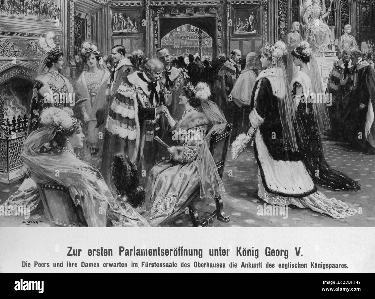 Dessin de la première ouverture du Parlement sous le roi George V. les pairs et les dames attendent l'arrivée du couple royal anglais dans la salle du Prince de la Chambre des Lords. Banque D'Images