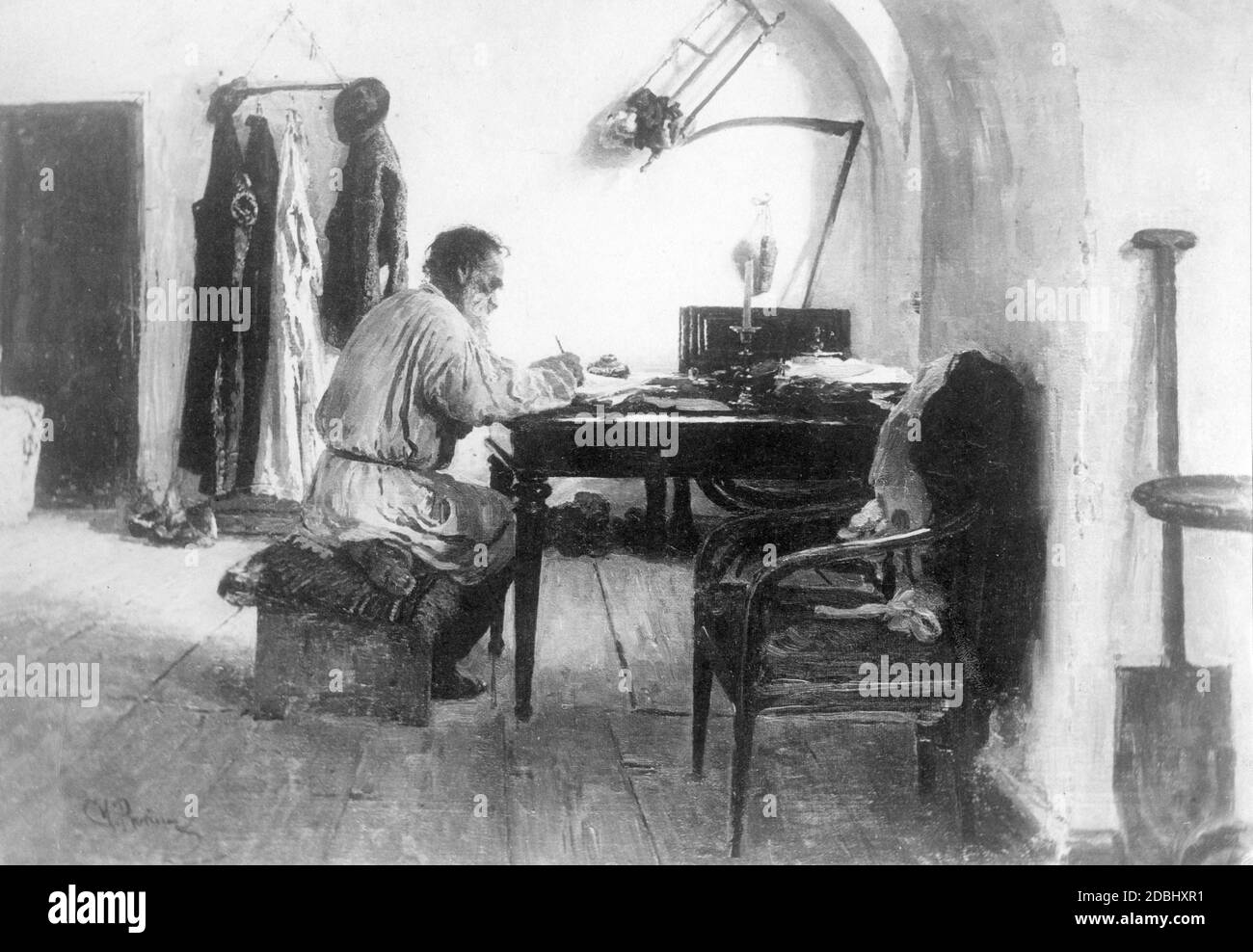 Comte Leo Tolstoy sur un tableau du peintre d'histoire russe Repin: Tolstoy à son bureau sur le domaine Yasnaya Polyana. Banque D'Images