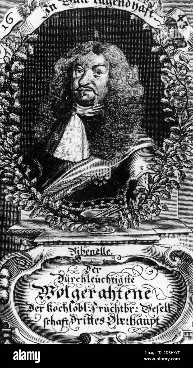 'En 1617, Caspar von Teutleben fonde la ''Fruchtbringende Gesellschaft'' (''Fruithearing Society''), également connue sous le nom de ''Palmen-Order'' (''' Palm Order'), une société linguistique qui voulait promouvoir la langue écrite et parlée allemande. Août, duc de Saxe, est le troisième chef de la société. La société, qui était composée de nombreux aristocrates, poètes et écrivains, a été dissoute en 1680. Banque D'Images