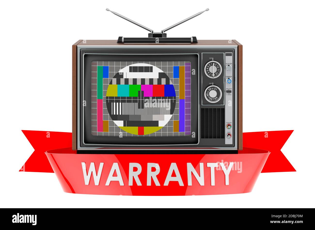 Concept de garantie du téléviseur. Rendu 3D isolé sur fond blanc Banque D'Images Concept de garantie du téléviseur. Rendu 3D isolé sur fond blanc Banque D'Images