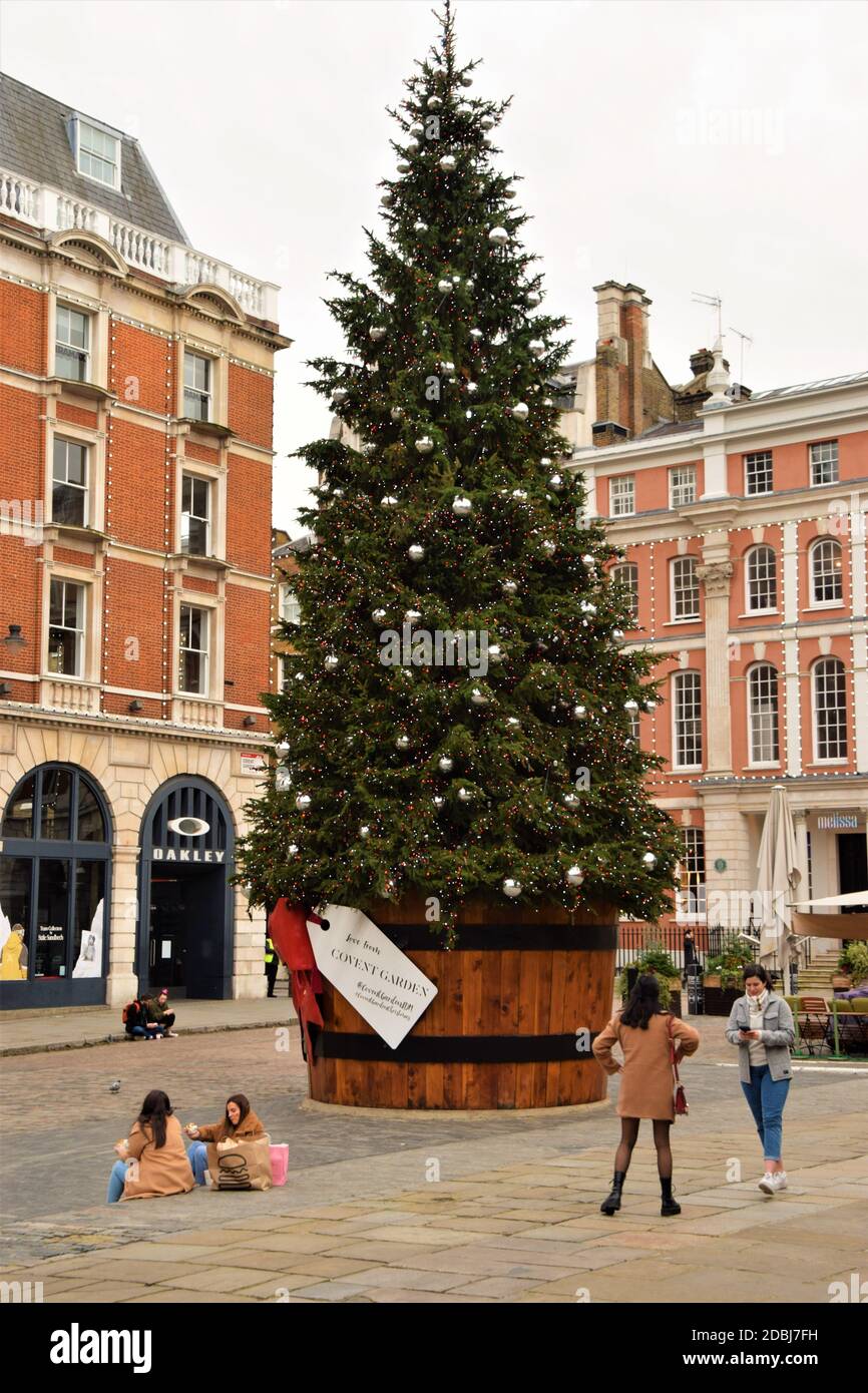 Les gens admirent l'arbre de Noël à Covent Garden, Londres Banque D'Images