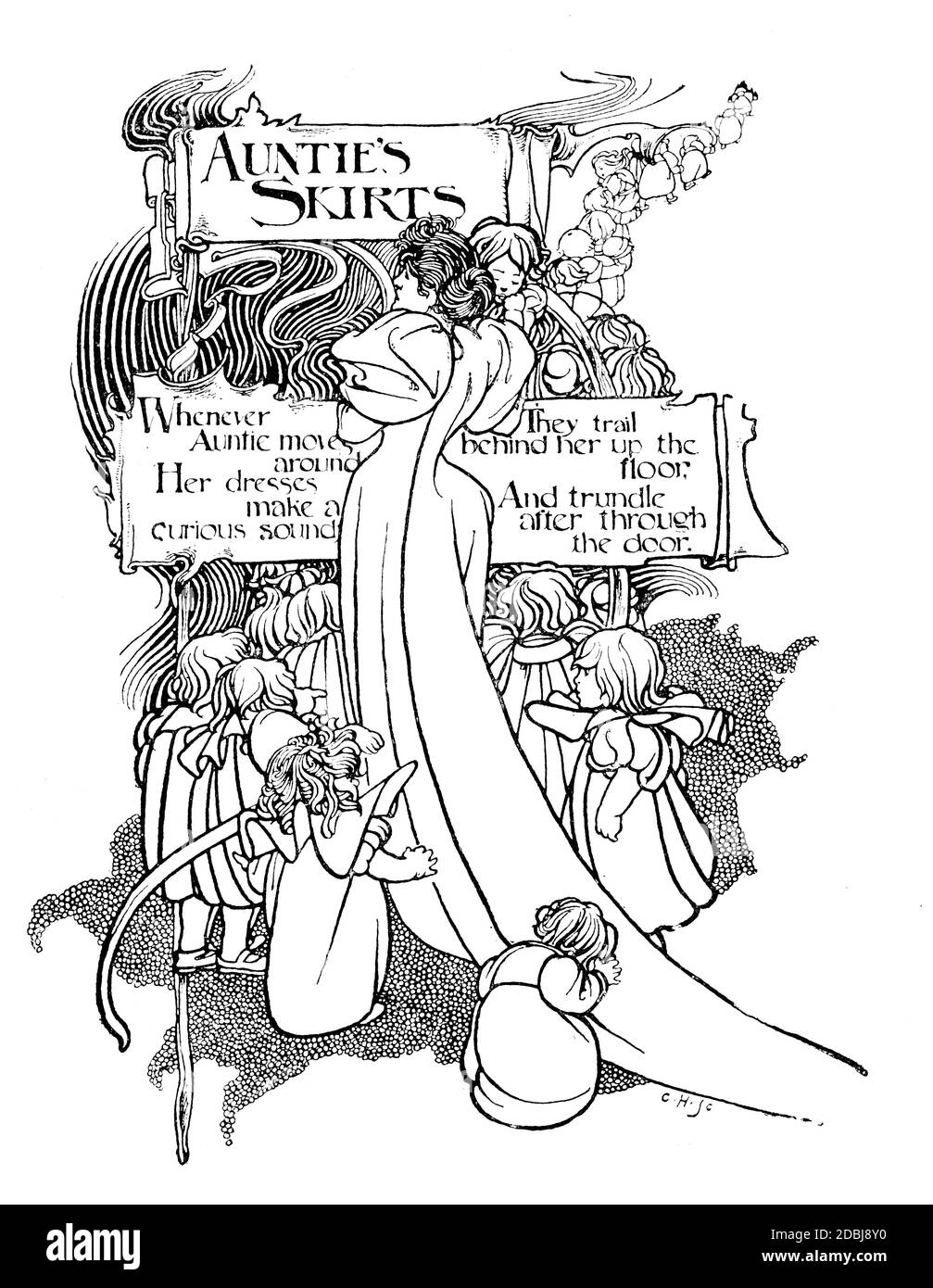 Jupes d’Auntie, le jardin de l’enfant du verset, illustration de ligne par Charles Robinson, de 1896 The Studio an Illustrated Magazine of Fine and Applied Banque D'Images