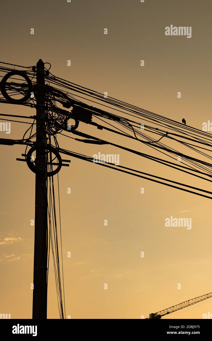 Silhouette d'une maison rangée assise sur la ligne supérieure de câbles enchevêtrés d'électricité à Lima, Perú Banque D'Images