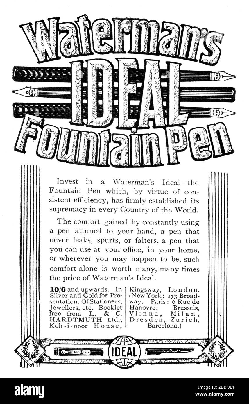 1912 la publicité idéale de Waterman au stylo plume du Studio an Magazine illustré d'art fin et appliqué Banque D'Images