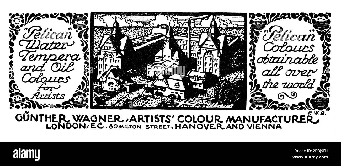 Publicité de matériel d'art Pelican de fabrication allemande de 1912 The Studio an Magazine illustré d'art fin et appliqué Banque D'Images