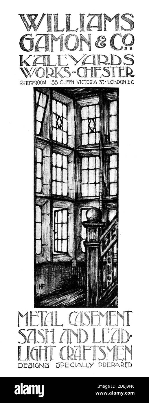 1912 publicité tirée à la main pour William Gamon & Co, Chester, fabricant de métal, de casuement et de lumière au plomb, du Studio an Illustrated Magazine Banque D'Images