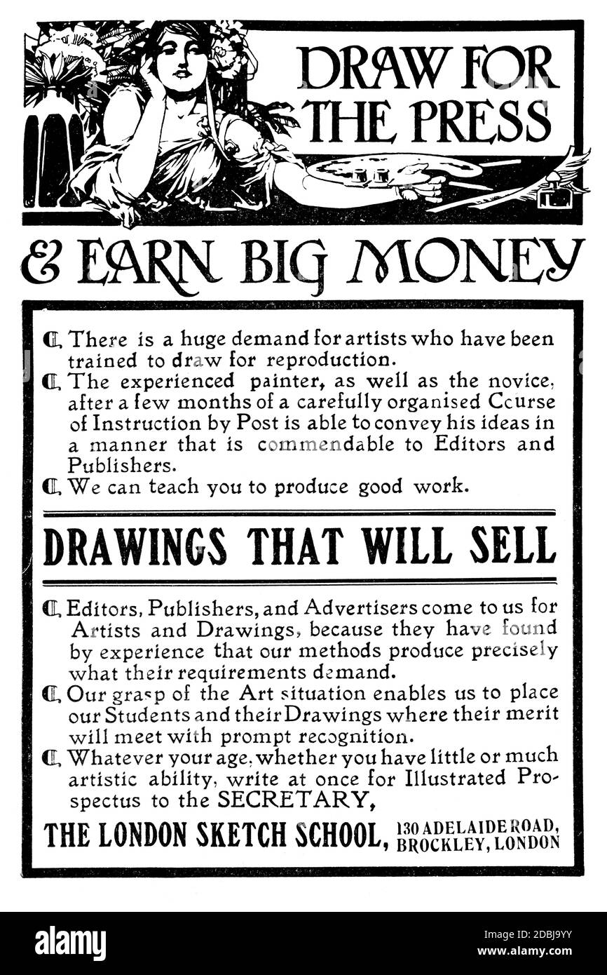 Tirez pour la presse et gagnez de l'argent, la publicité pour l'école de esquisse de Londres, cours de correspondance de 1912 le Studio an Illustrated Magazine Banque D'Images
