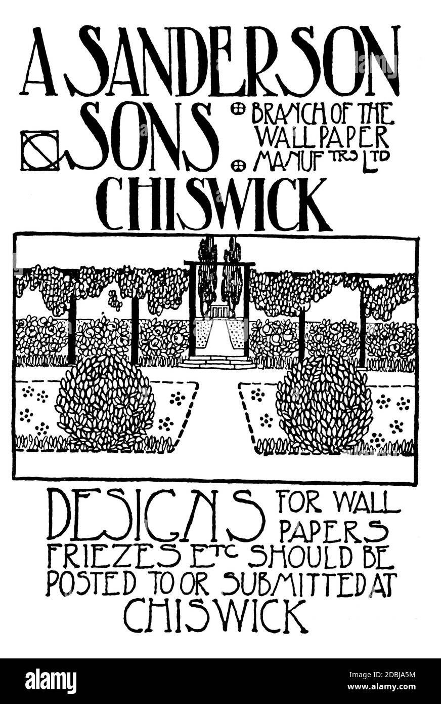 Publicité de jardin dessinée à la main pour UN Sanderson & Sons, fabricant de papier peint de Chiswick, Londres à partir des années 1890 The Studio an Illustrated Magazi Banque D'Images