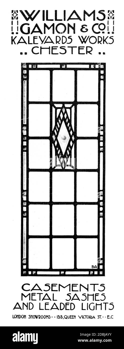 Publicité tirée à la main pour William Gamon & Co, Chester, fabricant de métal, de casuement et d'éclairage au plomb, du Studio an Illustrated Magazine of Fi Banque D'Images