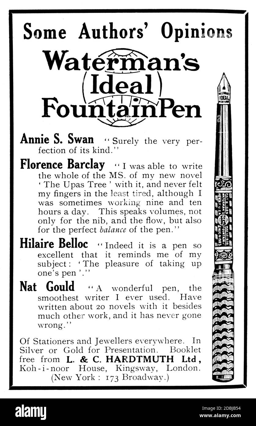1914 la publicité idéale de Waterman au stylo plume avec les recommandations des auteurs Du Studio un magazine illustré de fin et appliqué Art Banque D'Images