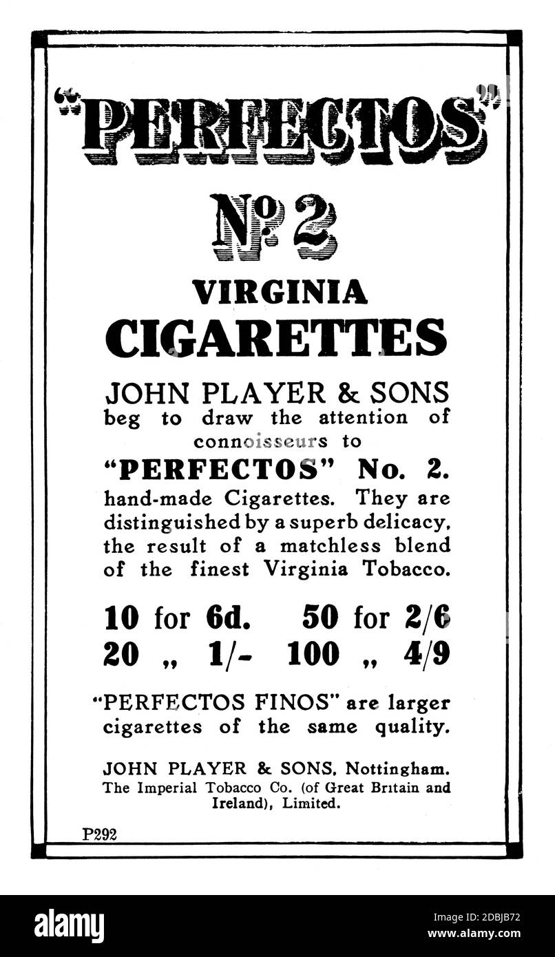John Player & Sons, Perfectos cigarette publicité de 1914 The Studio an Illustrated Magazine of Fine and Applied Art Banque D'Images