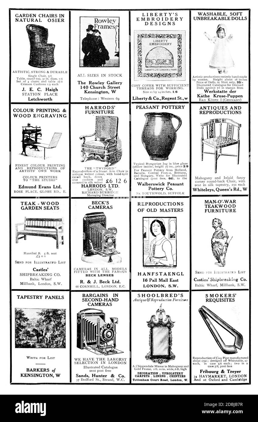 Page de petites annonces illustrées de 1914 le Studio an Magazine illustré d'art fin et appliqué Banque D'Images