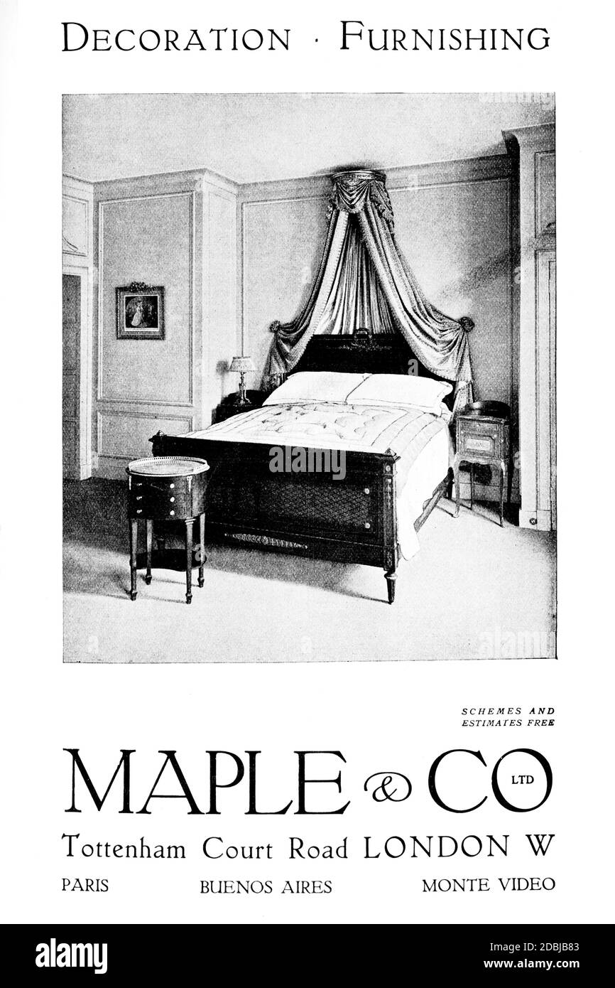 Maple & Co, mobilier décoratif, publicité de mobilier de chambre de 1914 The Studio an Illustrated Magazine of Fine and Applied Art Banque D'Images