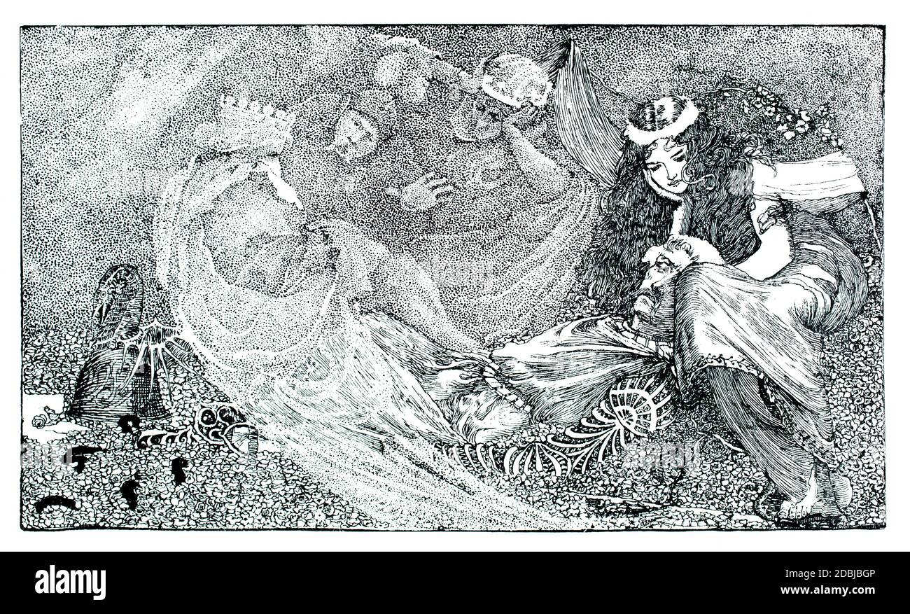 La Belle Dame sans Merci, illustration de la ligne de fantaisie de la mort chevalier scène sous-marine par Cecil. Leonard Burns à partir de 1896 le Studio an Illustrated Magaz Banque D'Images