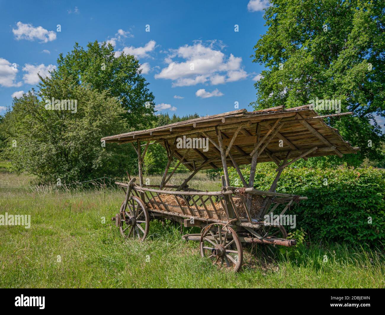 Une ancienne charrette à foin avec des roues en bois et un toit en bois sur un pré Banque D'Images