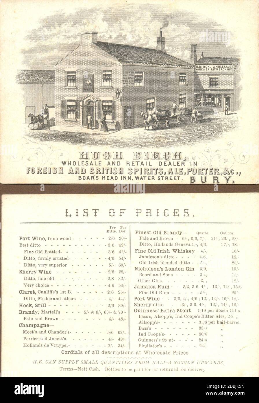 Carte de commerce de copperplate animée pour magasin et maison publique à Boar's Head Inn, Water Street, Bury, Lancashire vers 1865 Banque D'Images