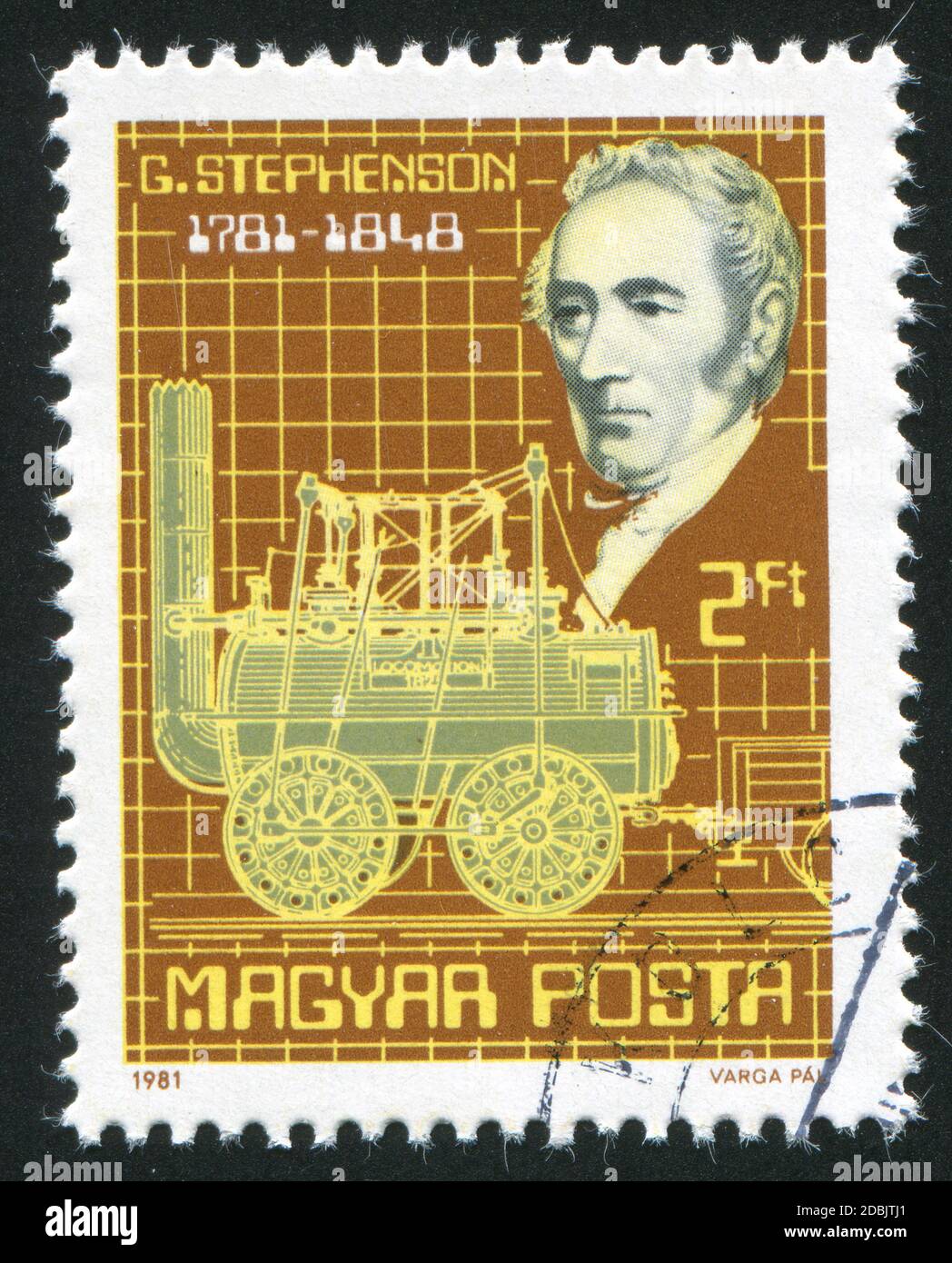 Hongrie - circa 1981 : timbres par la Hongrie, indique George Stephenson et sa locomotive à vapeur, vers 1981 Banque D'Images