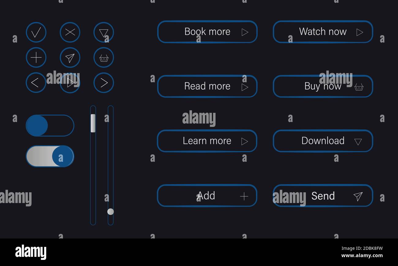 Jeu de boutons modernes pour interface utilisateur/UX. Achetez, regardez, apprenez, téléchargez, envoyez, ajoutez et lisez plus en bleu. Illustration vectorielle plate sur fond sombre. Illustration de Vecteur