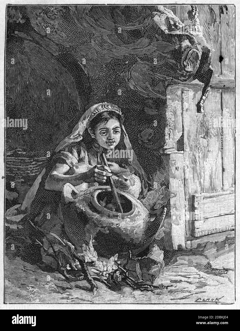 Gravure d'une femme remuant un pot ou un chou-fleur Banque D'Images
